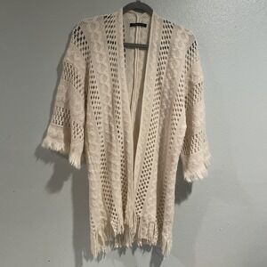 Do‎ Everything In Love, Cream Fringe Open Knit Crochet Cardigan Sweater OS